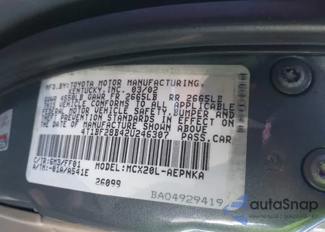 2002 Toyota Avalon Xl from USA, damaged, VIN 4T1BF28B42U246307